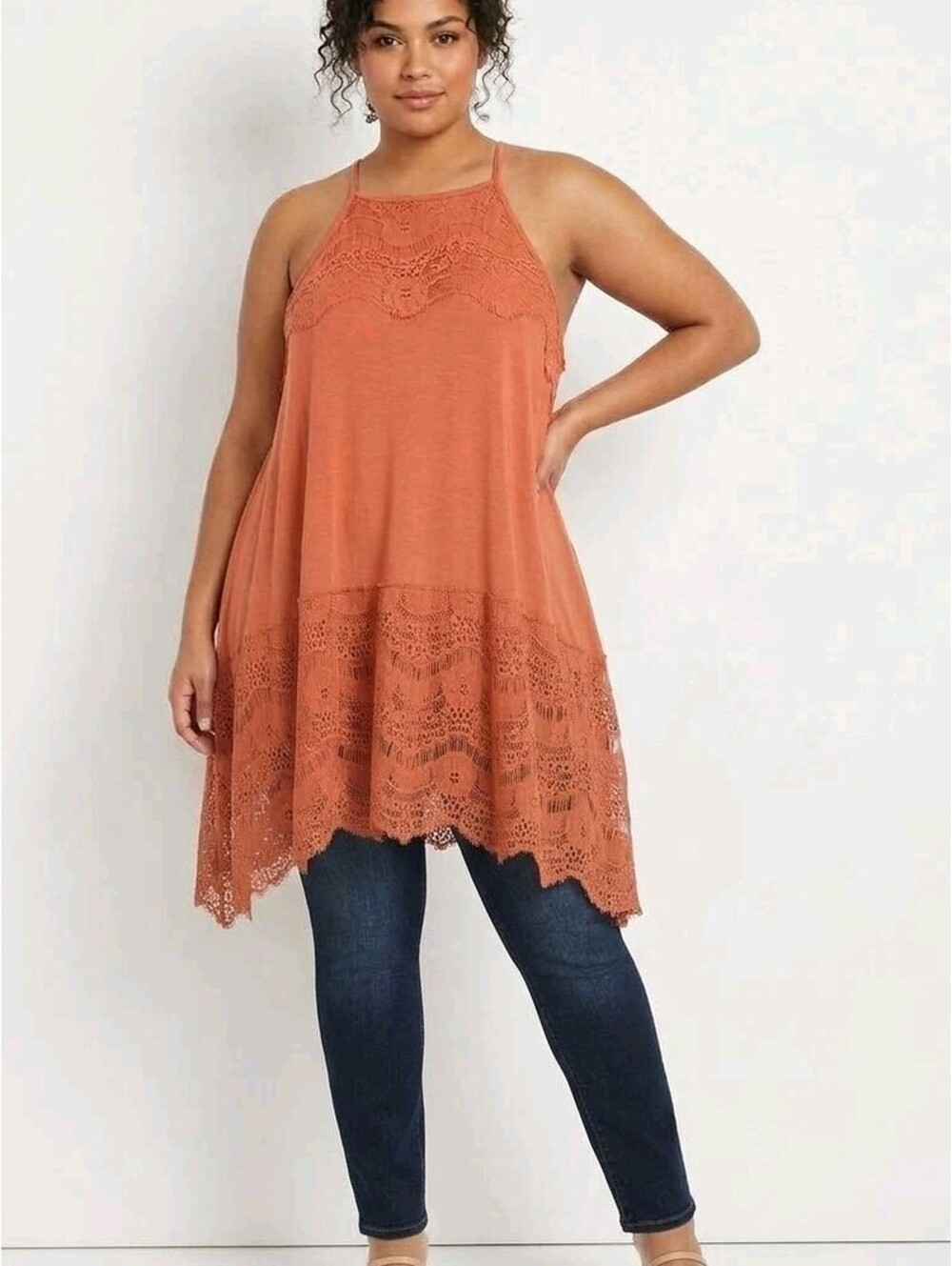 Torrid Sundress Womens 1X Orange Lace Trim Super Soft Knit High Neck Boho Swing